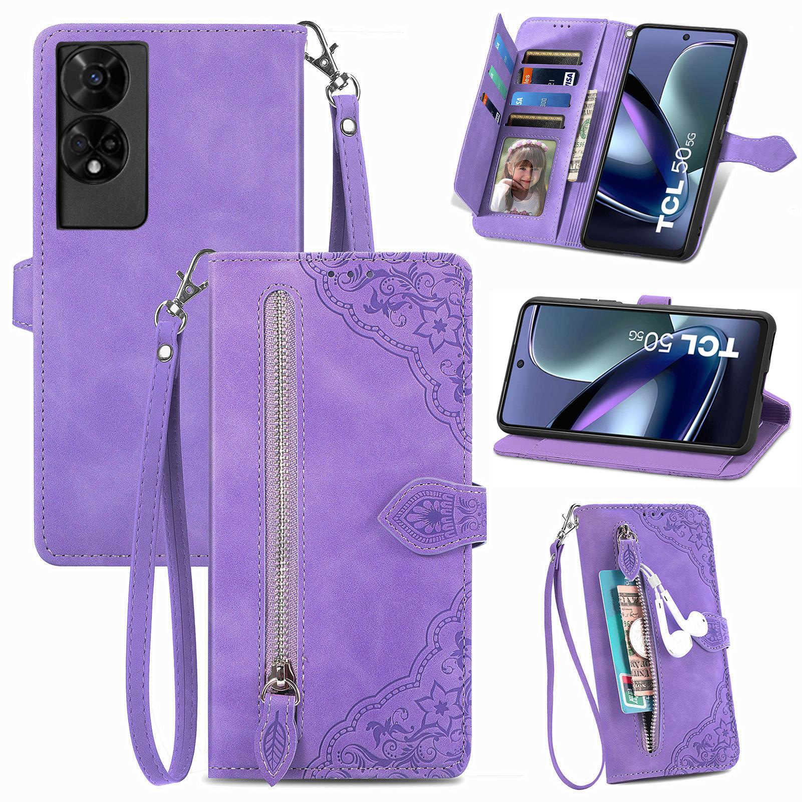 

For TCL 50 5G Zipper Wallet Case with Strap Flower Imprint PU Leather Phone Cover Light Purple