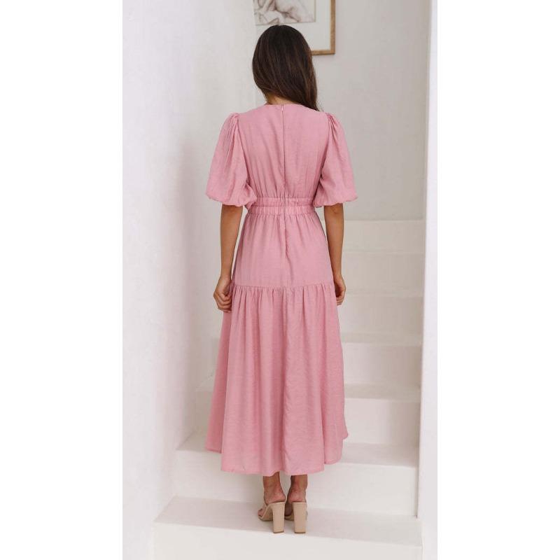 2025 Summer Deep V-neck Puff Short Sleeve Fashion Women Dress New Elegant Solid Color Loose Party Medium and Long Dress Women Slim Fit Women Clothing