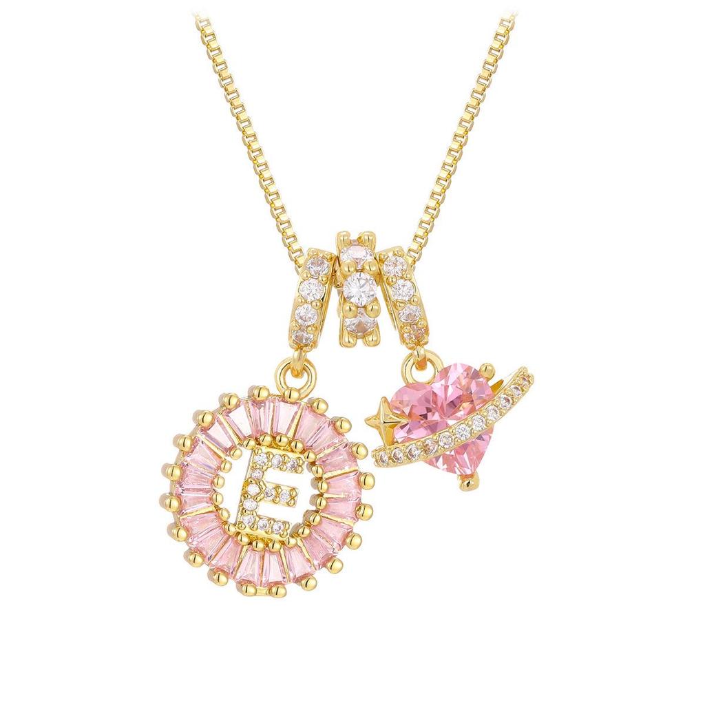 Pink Rock Candy 26-Letter Diamond Necklace with Gold-Plated Zircon and Round Flower Pendant