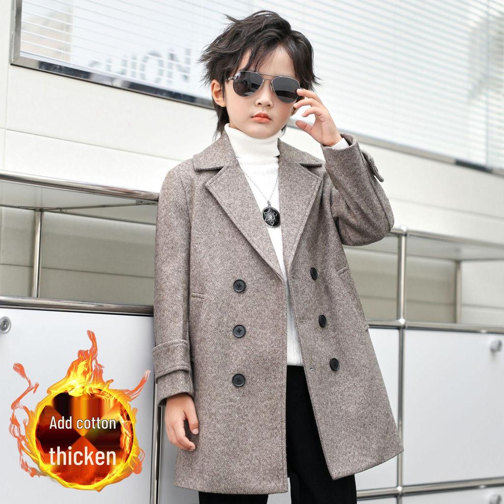 Boys' Mid-Length Wool Trench Coat - Stylish and Warm Korean-Style Overcoat for Autumn and Winter