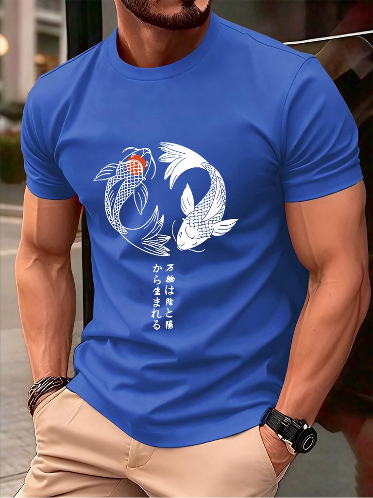 Japanese Koi Harajuku Printing Men TShirt Cotton Summer Short Sleeve Tops Soft Oversized ONeck T Shirt Casual Male Clothes