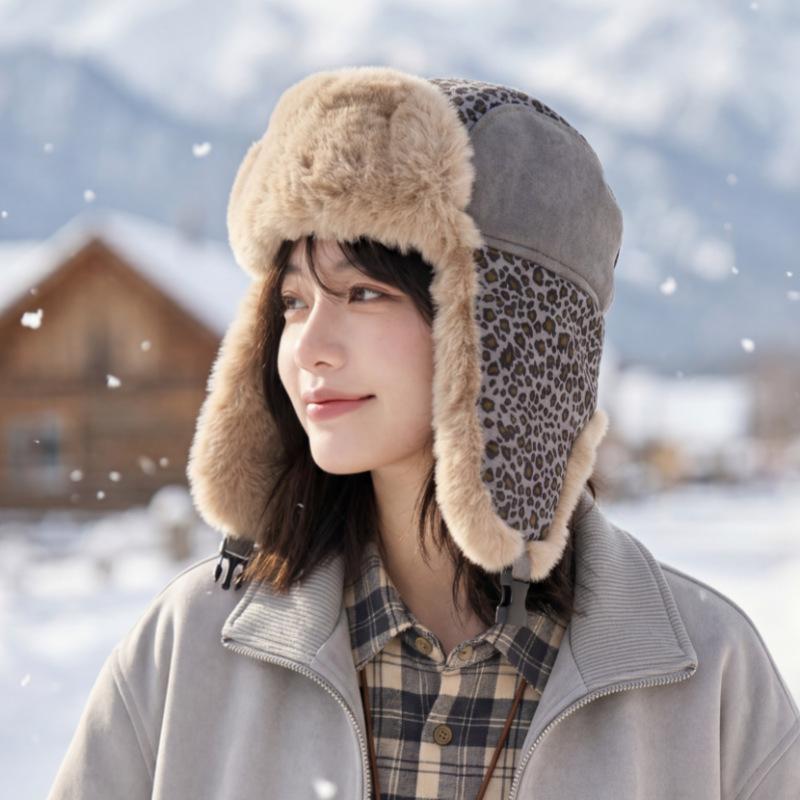 New leopard print Lei Feng hat women's fashion versatile thermal hat winter cycling cold protection ear hat manufacturer