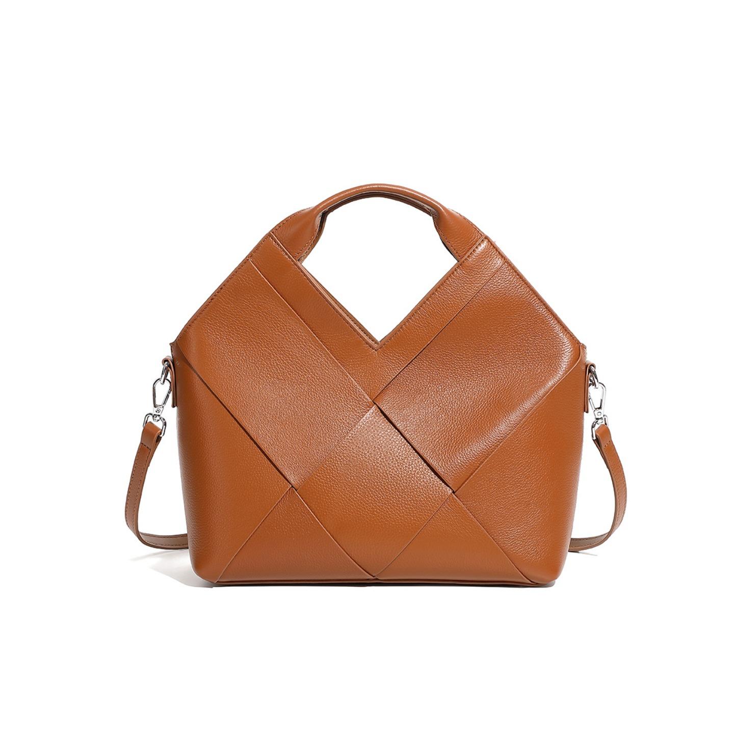 

Cross-border explosion, first-layer leather woven handbag, inverted triangle design, fashionable soft leather portable messenger bag, women s bag 28*10*medium height 19*side height 28 коричневий