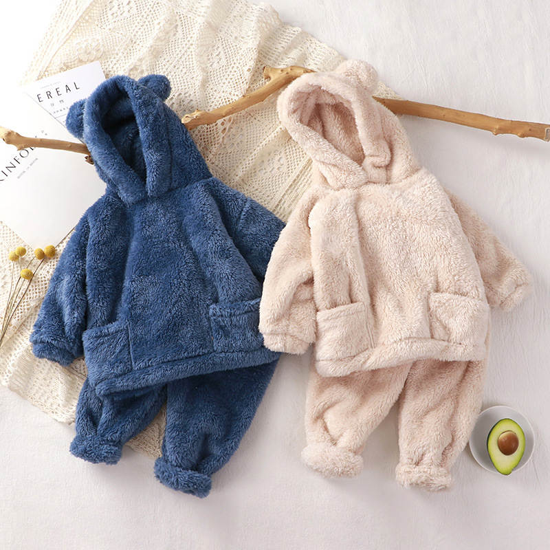 Children's Autumn Solid Design Fleece Warm Suits Hooded Top+Pants Two Piece Set
