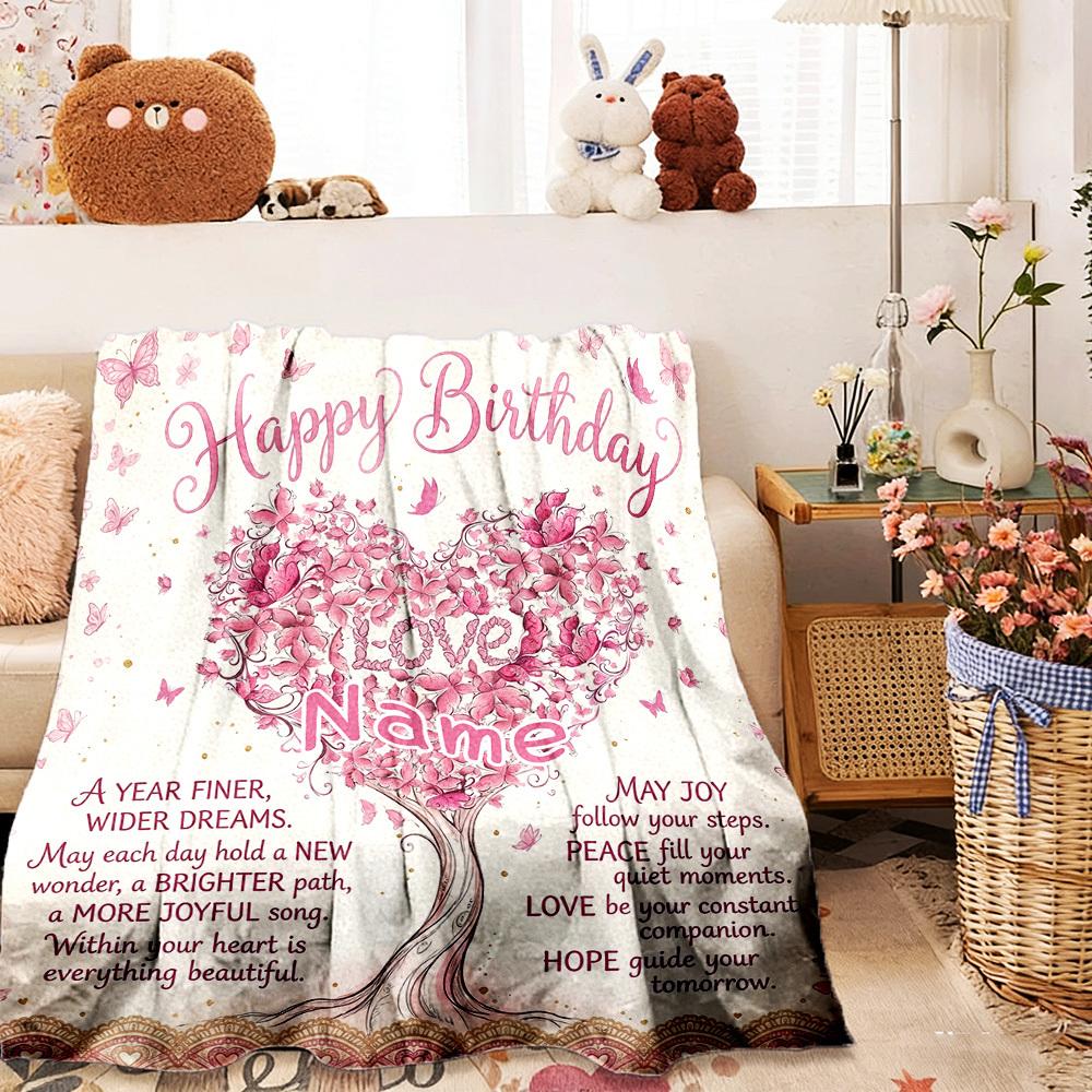 Happy Birthday Customize Your Name Home Blanketss Birthday Wishes Heart Butterfly Comfortable Soft Lightweight All Season Multipurpose Blanket For