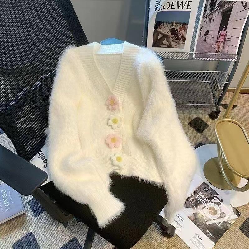 Three-dimensional Flower Cute Fresh Soft Waxy Sweater Women's Autumn and Winter Design Imitation Mink Knitted Cardigan Jacket