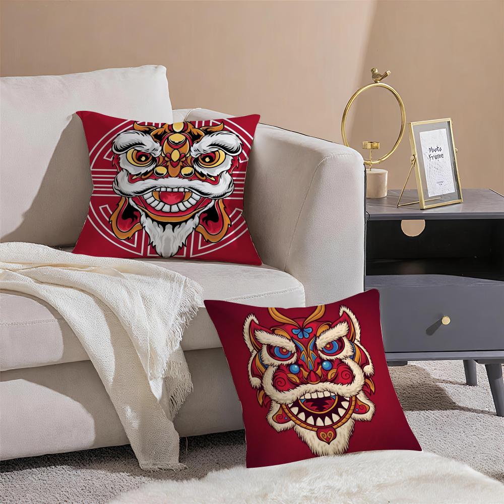 Fashion Traditional Dancing Lions Anime Lucky Cushion Cover Linen Pillowcase Soft For Sofa Bed Home Room Decor
