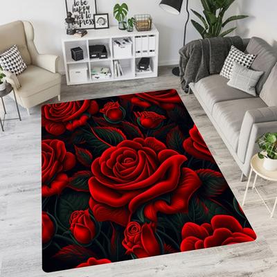 1pc Red Black Rose Pattern Carpet | Non-Slip Flannel Carpet Mat For Bedroom, Kitchen, Living Room, Dining Room | Available In Multiple Sizes