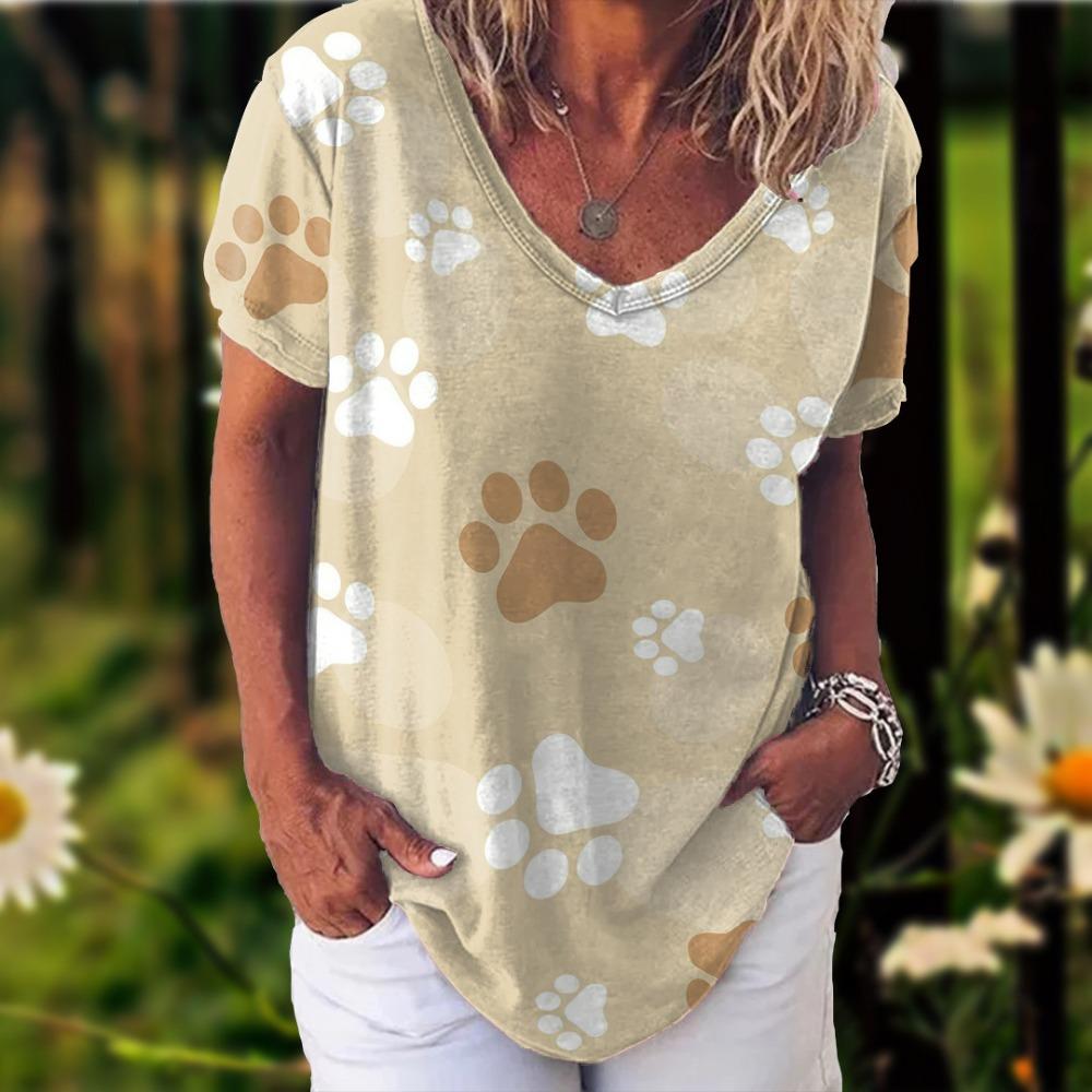 New Rainbow Watercolor Dog Paw 3D Printing T-shirt Women's V-neck Casual Short-sleeved Y2k Top Harajuku Tees Clothing