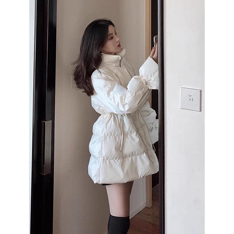 2024 Women's Mid-Length Down Cotton Coat - Hong Kong Style, High-End Niche, Drawstring Waist Winter Jacket