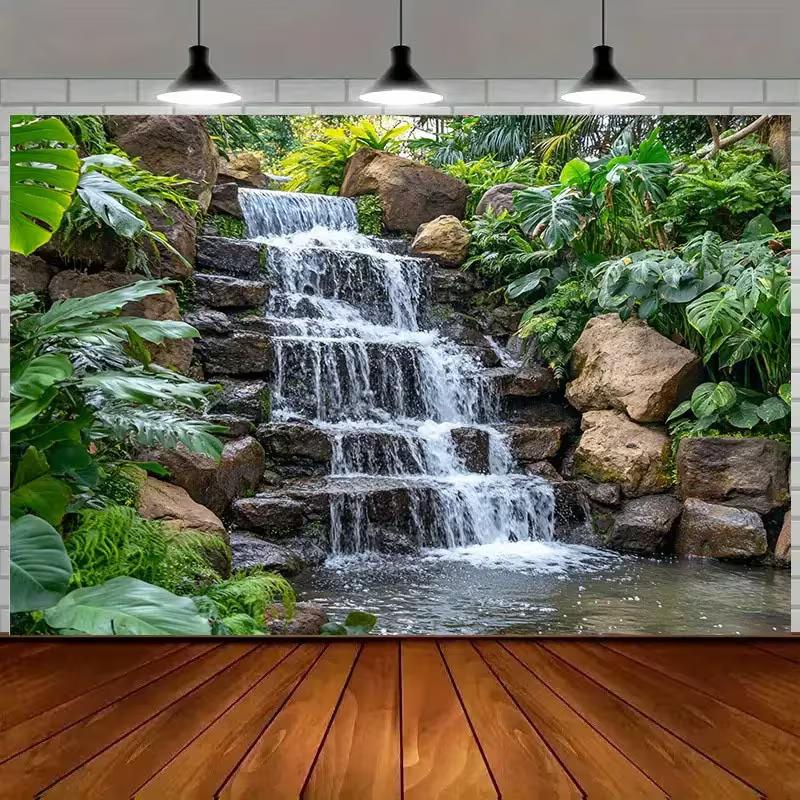 2D tropischer Wasserfall Hintergrund, Grüne Pflanze Stein Natur Foto Hintergrund