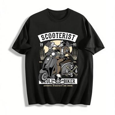 Vintage Skull Scooterist Print T-Shirt Cool Rider Style Casual Top Pure Cotton T-shirt