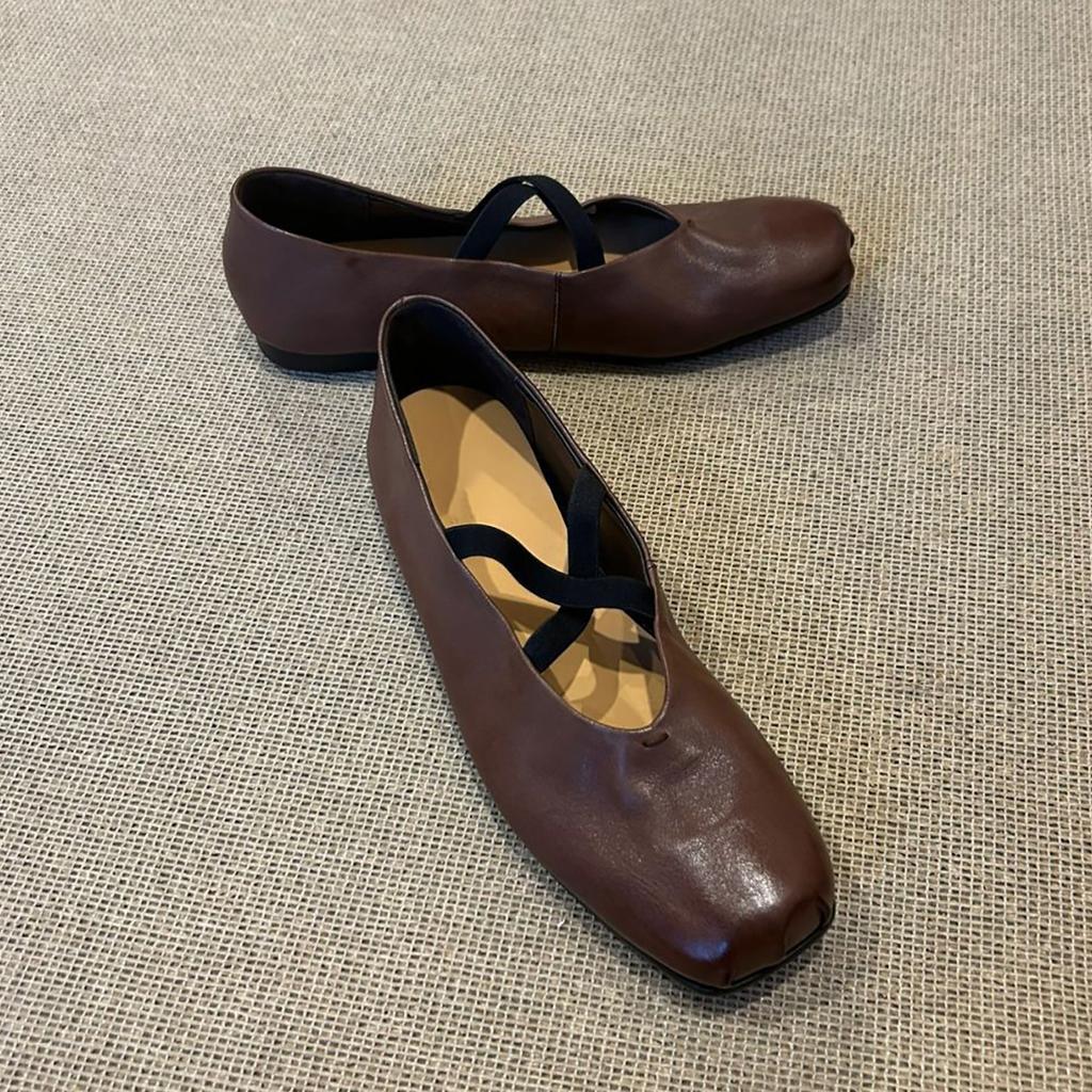 Sheepskin Version~ Square Head Cross Strap Ballet Shoes Retro Flat-soled Small Leather Shoes Versatile Light Mouth Mary Jane Single Shoes Women