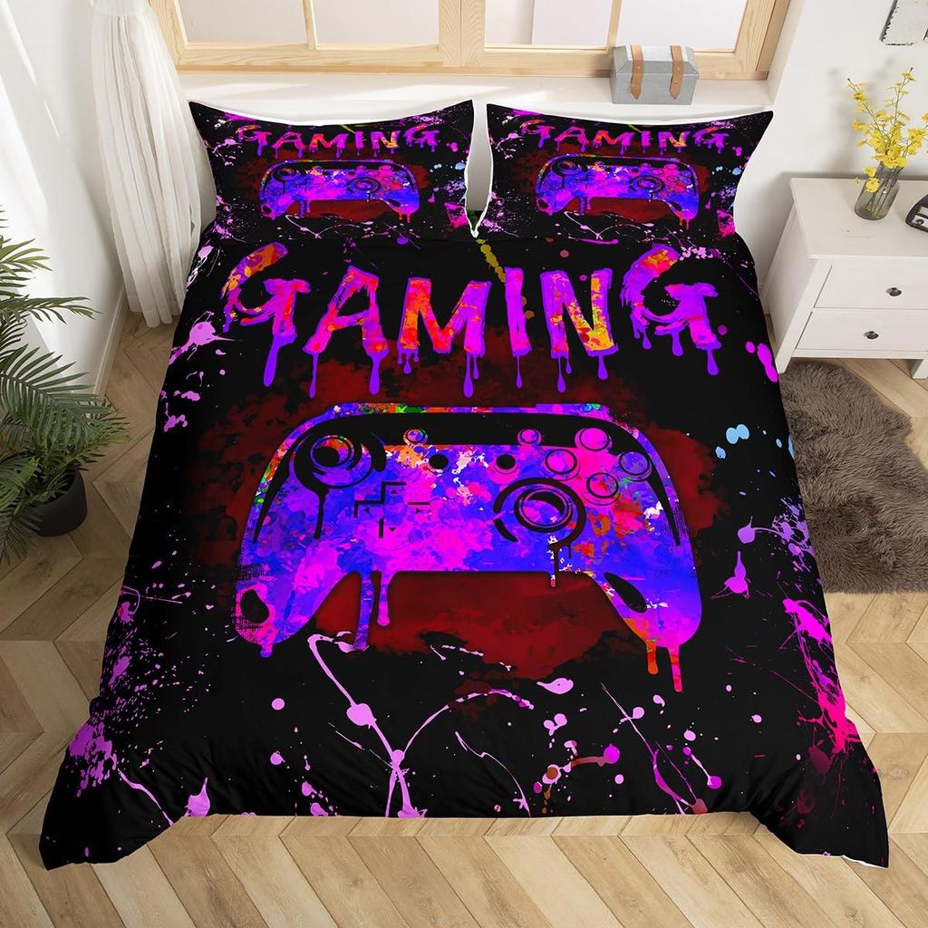 Kinder Jungen Gamer Bettwäsche Set King Queen Rosa Lila Gamer Bettbezug Modernes Gaming Polyester Bettdeckenbezug Spiel Steppdeckenbezug