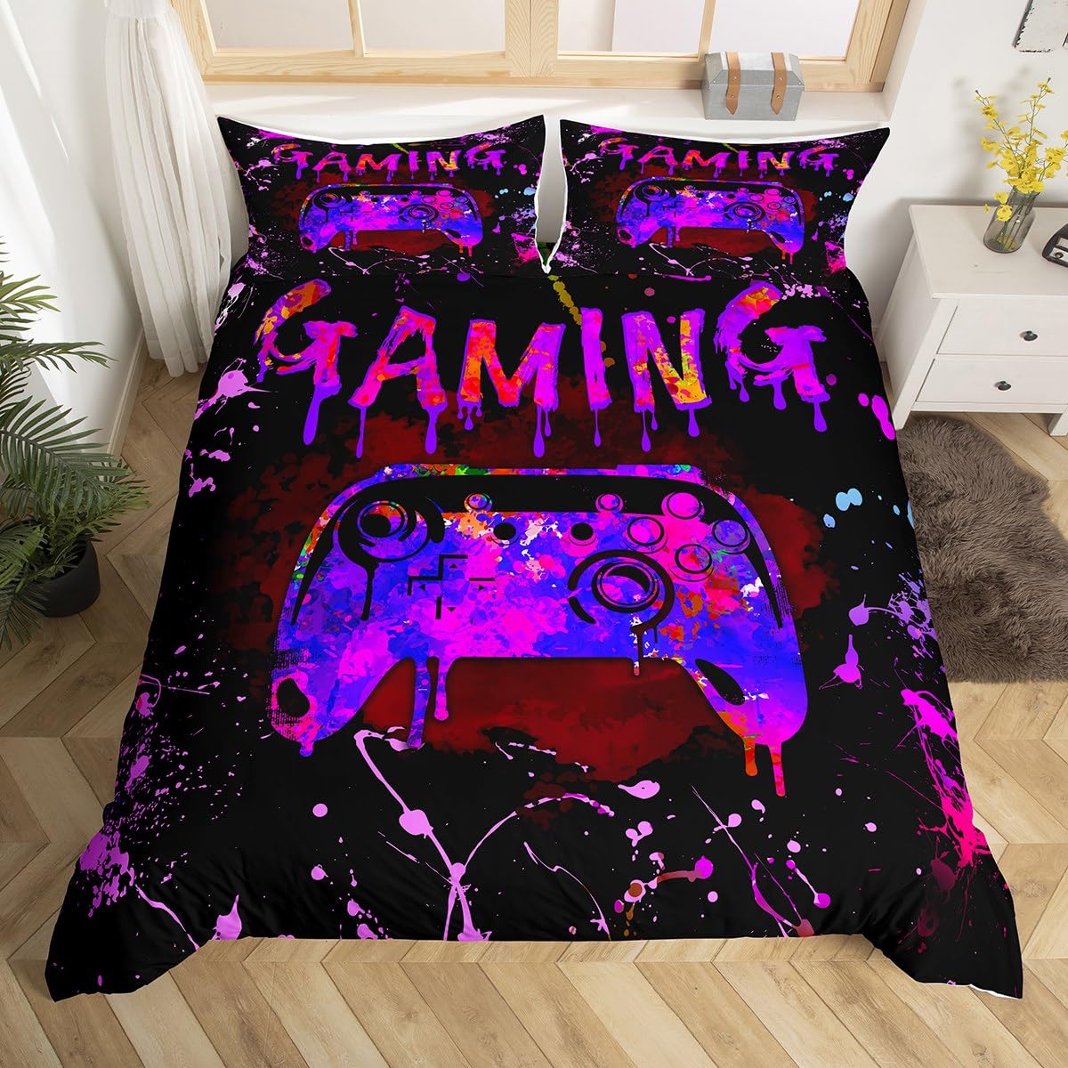 

Kids Boys Gamer Bedding Set King Queen Pink Purple Gamer Duvet Cover Modern Gaming Polyester Comforter Cover Game Quilt Cover EU single(135x200cm)