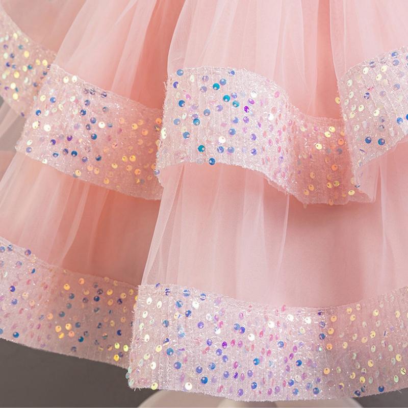 Girls Beaded Bow Tie Sequin Mesh Children's Sleeveless Evening Dress School Graduation Party Multi Layered Dress