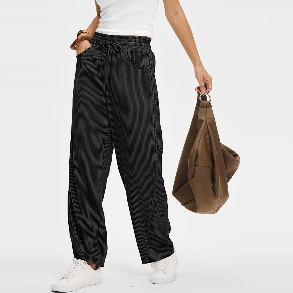 Pantaloni Larghi Casual in Lino da Donna Vita Elastica Versatili Business Casual Lavoro Pantaloni Palazzo con Tasche