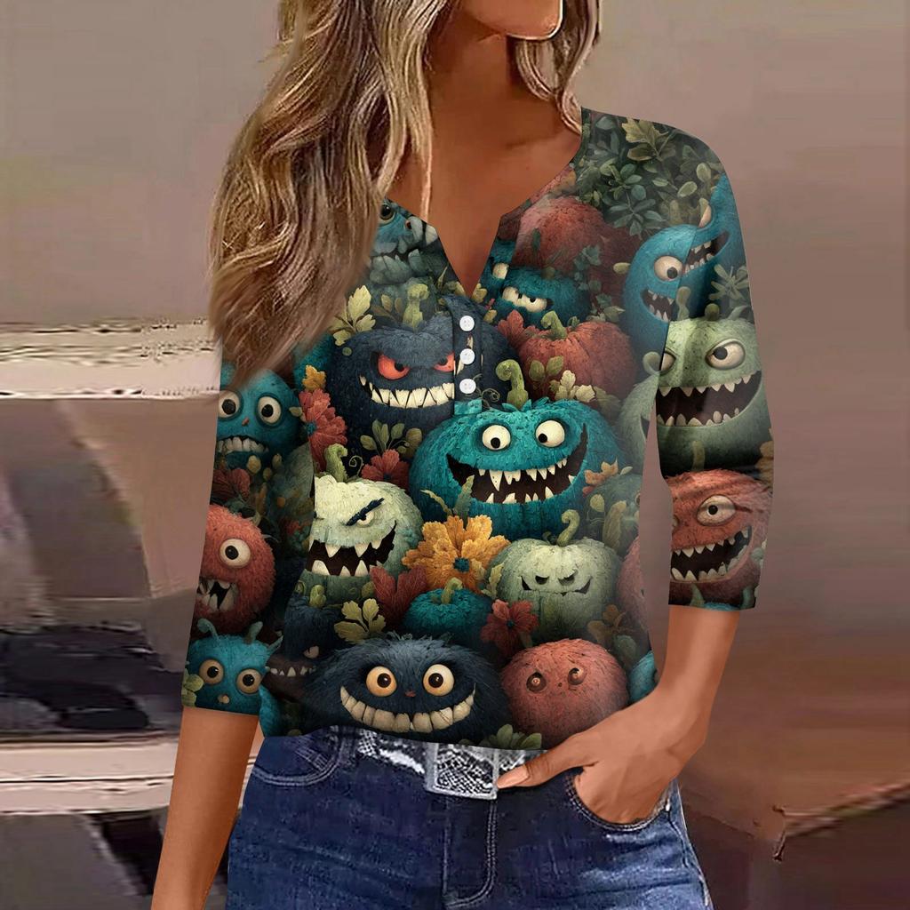 Women's T Shirt Tee Halloween Printed Button 3/4 Sleeve Tunic Daily Weekend Fashion Basic V- Neck Regular Top