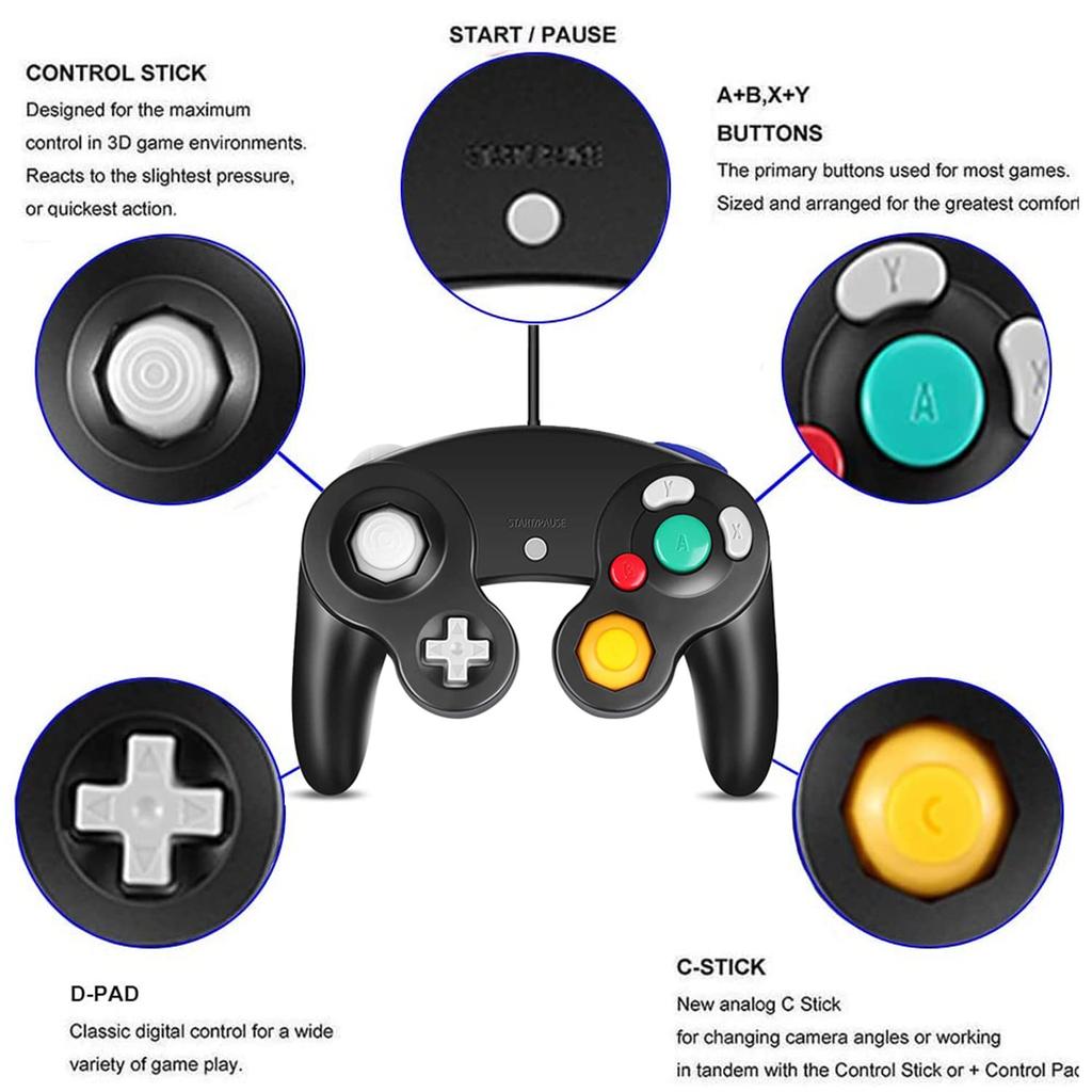 Arrocent GC Controller, Replacement for Gamecube Controller, Compatible with Wired USB Game Cube Controller/PC Windows 7 8 10 (Black)