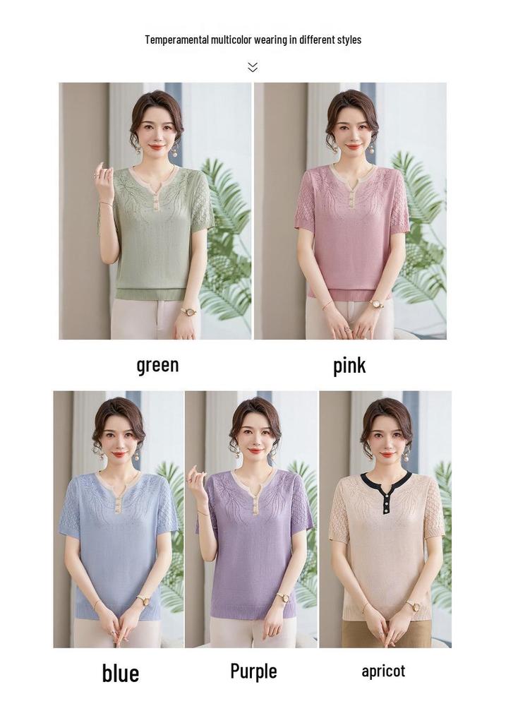Summer 2026 Ice Silk Knit T-Shirt: Short-Sleeve, Loose Fit for Middle-Aged & Elderly Women