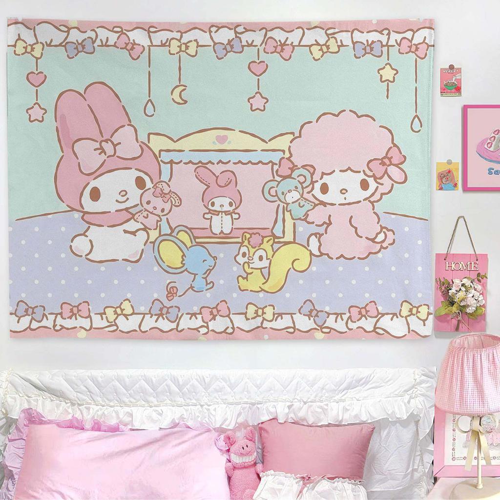 My Melody Sweet Bedroom Tapestry Cute Pastel Cartoon Wall Hanging Soft Polyester Print for Girls Bedroom Dorm Decor Kawaii