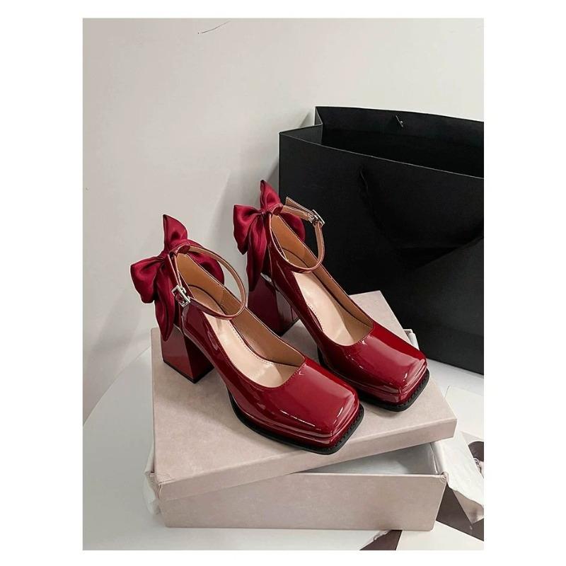 Fashion Small Red Square Heel Wedding Shoes Women 2025 Spring and Autumn New Bridal Shoes Platform Heightened Platform Mary Jane
