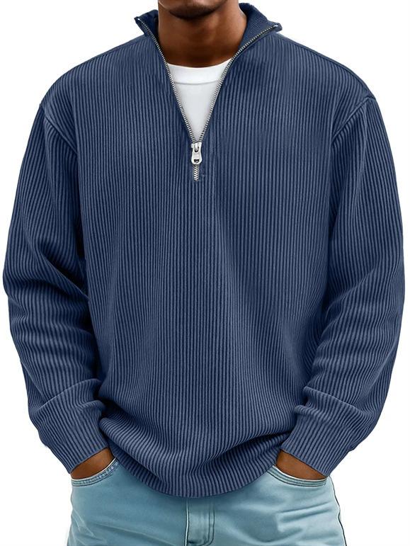 Fall Winter Men's Stand Collar Zip Corduroy Long Sleeve Polo Shirt Retro Casual Pullover