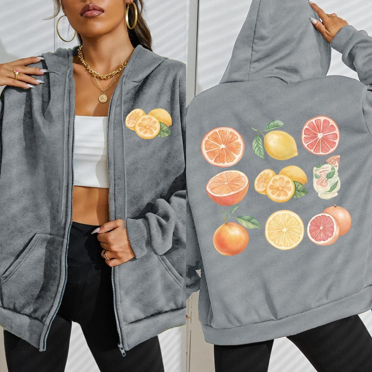 

Лимонно-апельсиновый коктейль Принт Женская толстовка на молнии Модные свободные худи Флисовая спортивная одежда Осенняя одежда 2XL