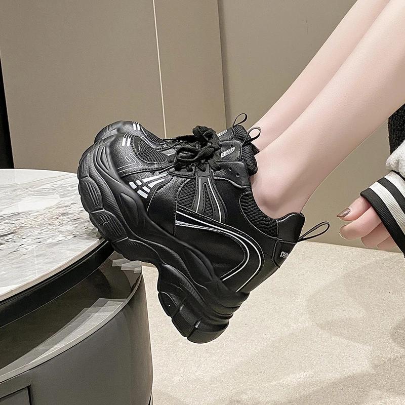 Fashion New Spring Women Breathable Mesh Chunky Sneakers 10CM High Platform Casual Shoes Lace-up Summer Sports Leather Shoes Woman 2024