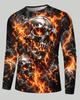 Mens 3D Flaming Skull Long Sleeve Shirt Crew Neck Graphic Tshirt Casual Streetwear Pullover Halloween Top Autumn Winter Unisex