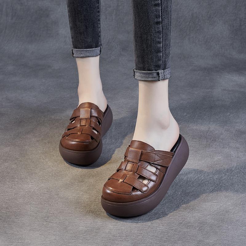Mode 6CM Neues Design Damen Hausschuhe Sommer Slingback Sandalen Runde Zehe Echtes Leder Plateau Keilabsatz Retro Draußen Lässige Pantoletten