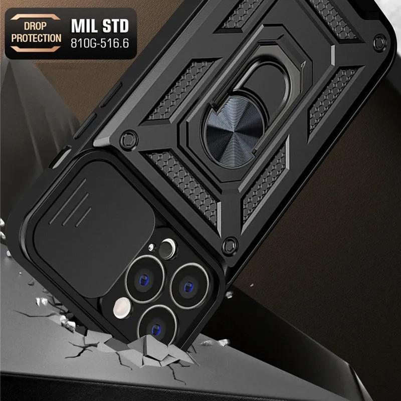 Slide Kamera Objektiv Rüstung Ring Telefon Fall Für iPhone 15 14 13 12 11 Pro Max X XR XS Max 7 8 14 15 Plus Stoßfest Harte PC Ständer Halter Abdeckung