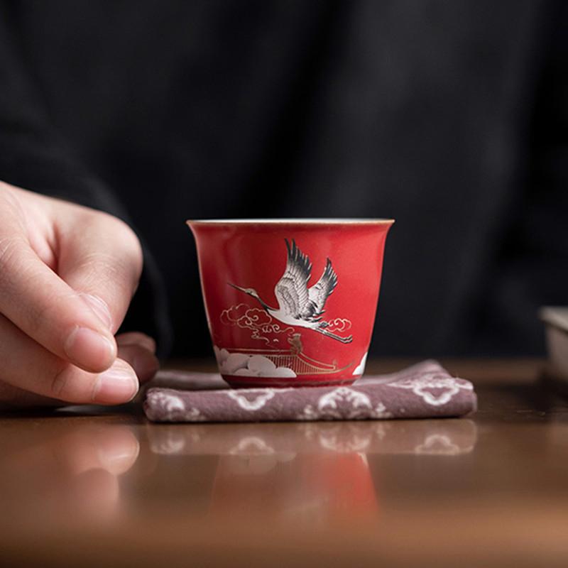 1 Pc Chinese Ceramic Tea Cup Handmade Flying Crane Teacup Household Red Tea Bowl Travel Personal Master Cup Tea Set 40ml