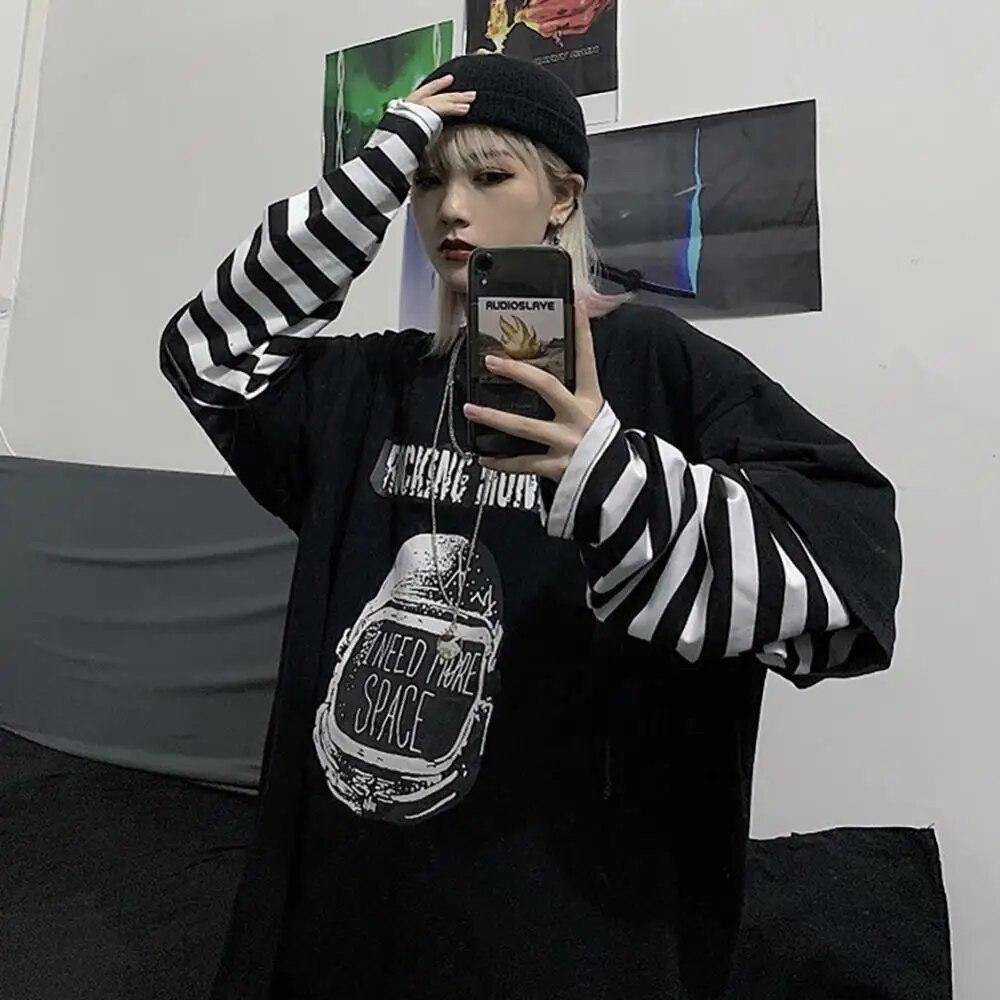

Harajuku Spaceman, футболки в полоску с круглым вырезом и буквенным принтом, свободные футболки из двух предметов, женские топы в стиле хип-хоп с длинными рукавами 2XL чёрный