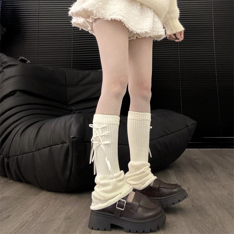 Girl's Bowknot Leg Warmers Autumn Winter Y2K Hot Girl Slouch Socks Cuffed Design Calf Sleeves
