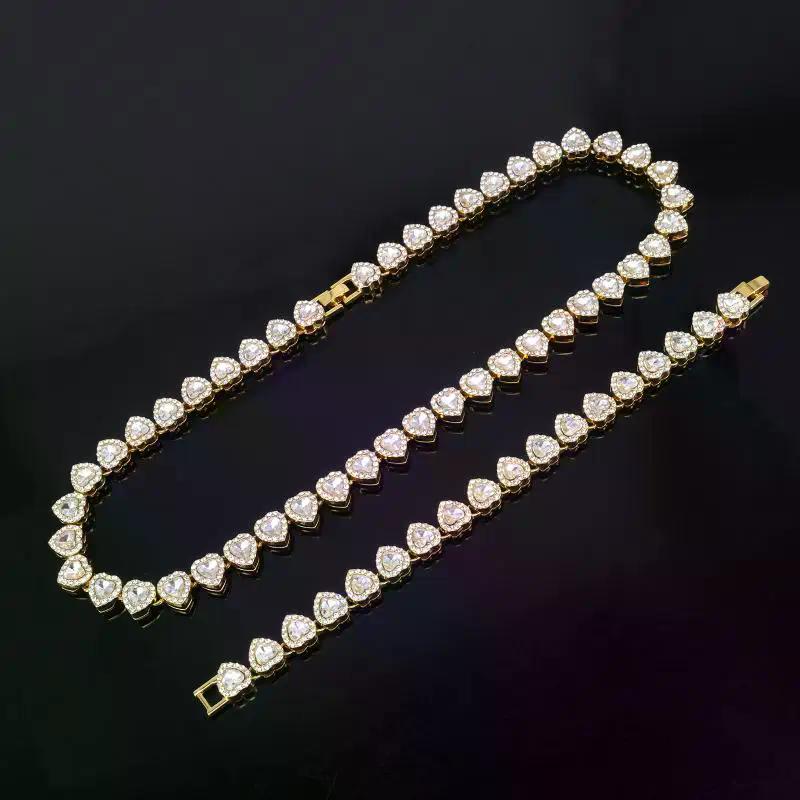 45CM New Hip Hop Tennis Chain Bracelet Necklace Shiny Heart Rhinestone CZ Fashion Rock Party Jewelry