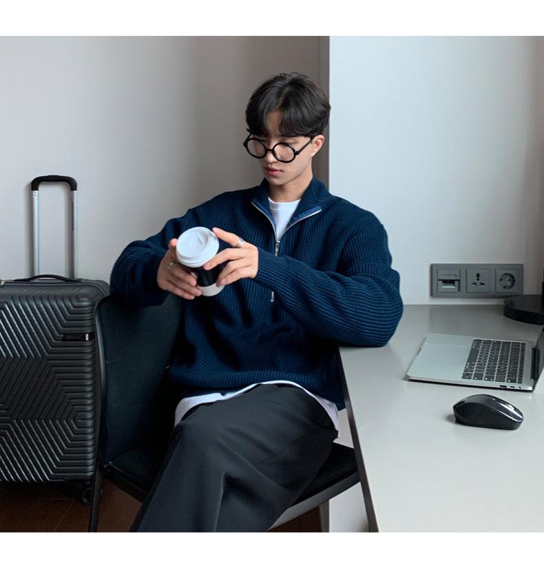 Herren Strickjacke im koreanischen Stil mit halbem Reißverschluss: Herbsttrend, gutaussehender & vielseitiger Strick-Rollkragenpullover mit Stehkragen.