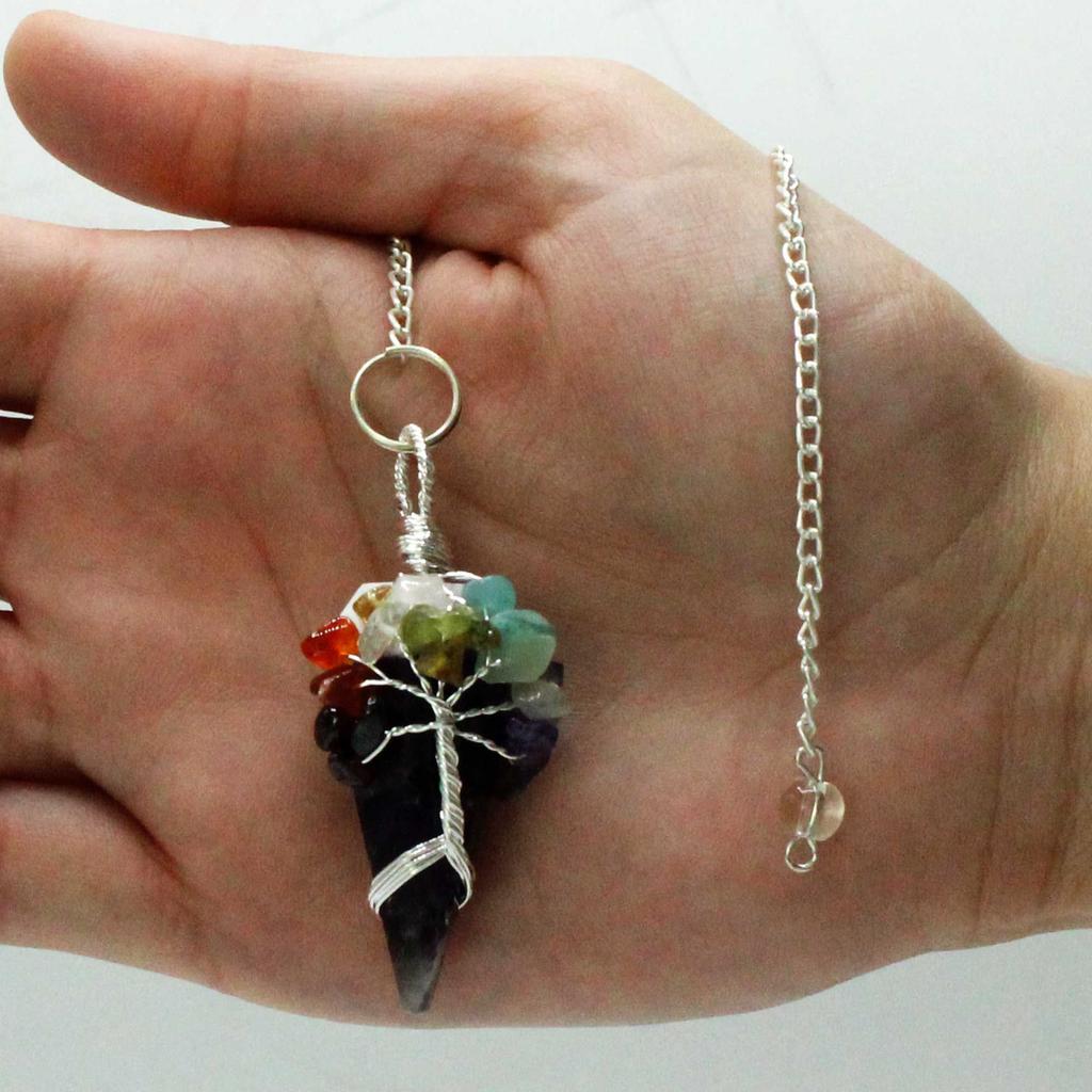 Pendule en Cristal d'Améthyste avec Perles Sept Chakras