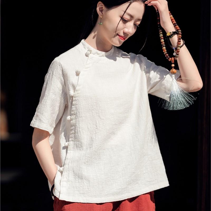 Johnature Koszule damskie w stylu vintage Bluzki Stójka Krótki rękaw Letnie bluzki Jednolity kolor Koszule zapinane na guziki