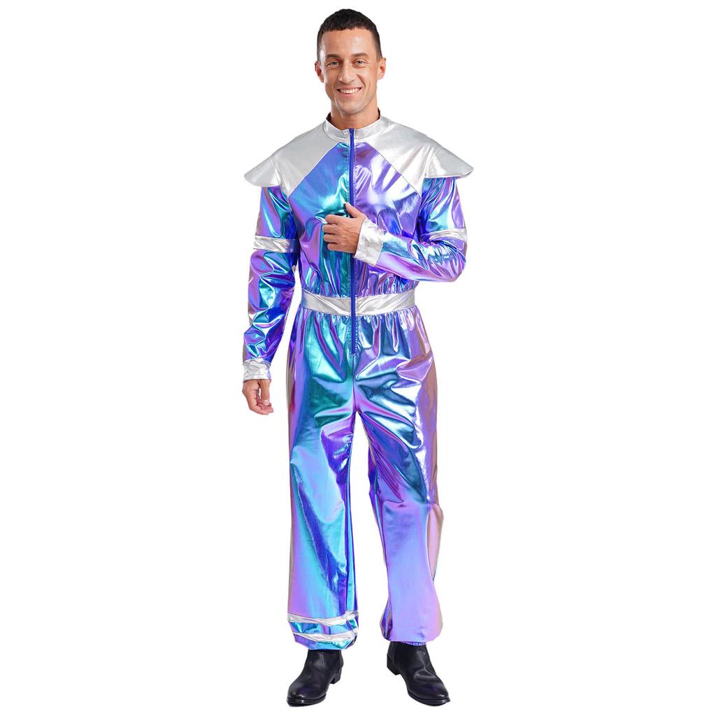 M-3XL Men‘s Halloween Alien Costume: Deluxe Shiny Metallic Robot Jumpsuit, One Piece Long Sleeve Retro Space Outfit