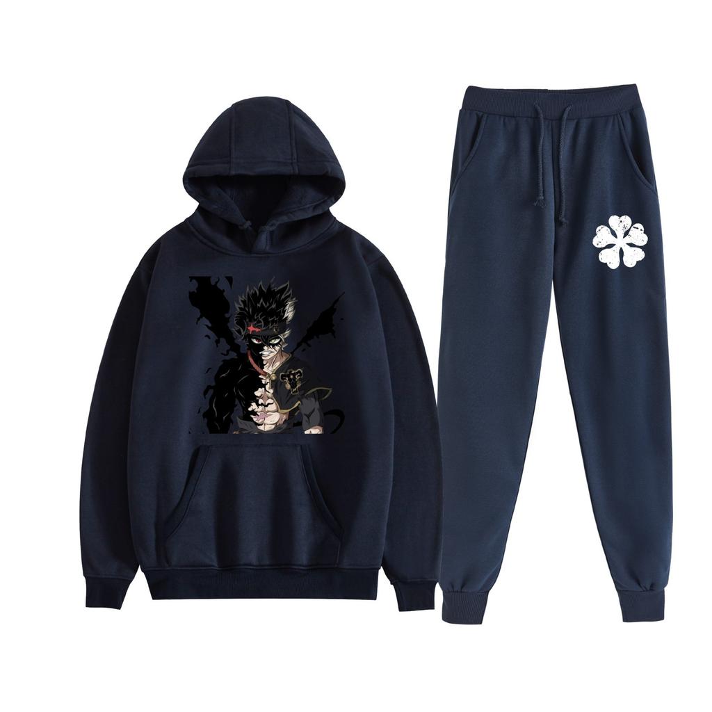 Europe, America, Autumn and Winter Black Four-leaf Clover Peripheral Two-dimensional Men's and Women's Leisure Sports Fleece Hooded Sweater Set 