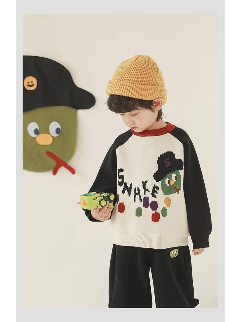 Wulibuyi 2025 Boys' Long-Sleeve Cartoon Snake Sweater – Warm Winter Knit