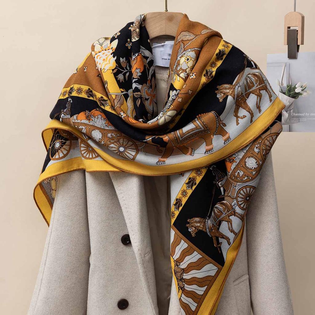 130*130cm 30% Seide +70% Wolle Schal Retro Vintage Luxuriös Weich Stola Groß Warm Winter Wickeltuch für Damen