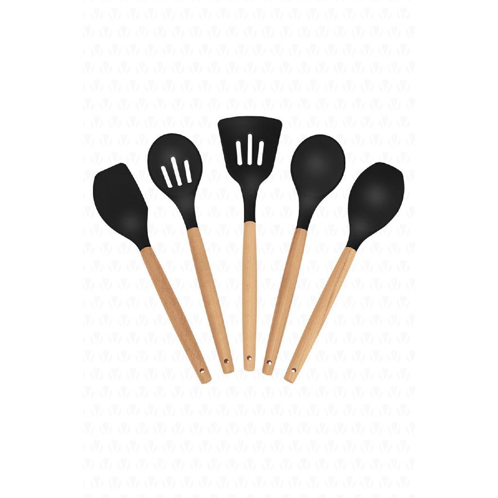 Lingo 5-teiliges Küchen- und Kochutensilien-Set aus Silikon mit Bambusgriff, Grau