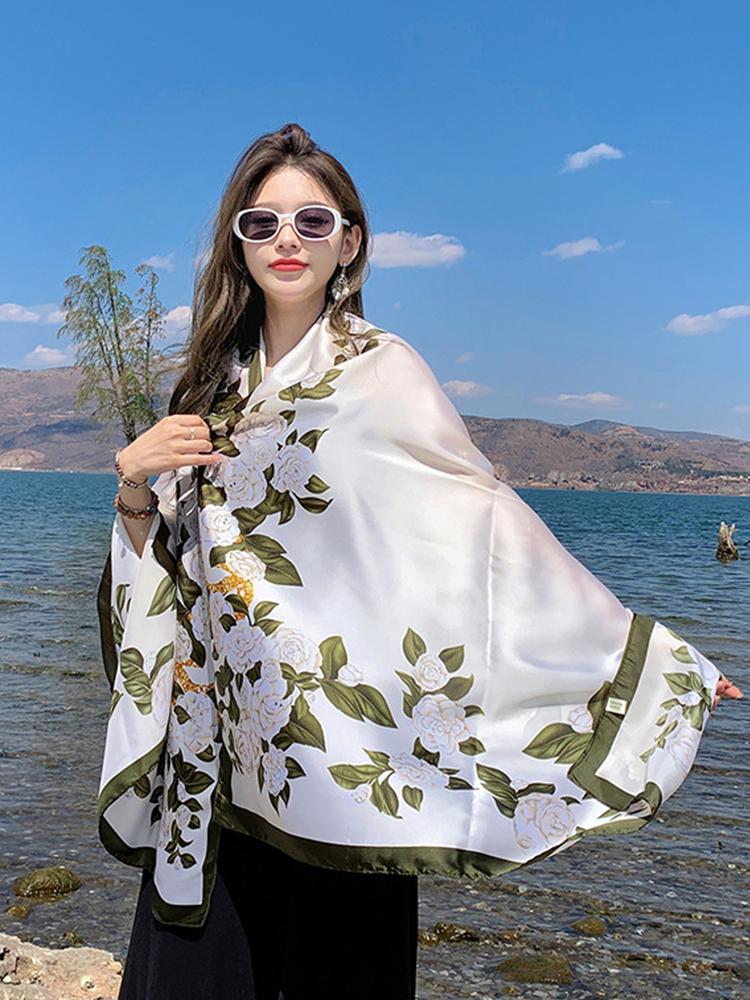 New Summer Luxury Elegant Women Silk Scarf Beach Long Wrap Shawls Satin Floral Print Bandana Hijab Mujer Scarves Pareo Foulard