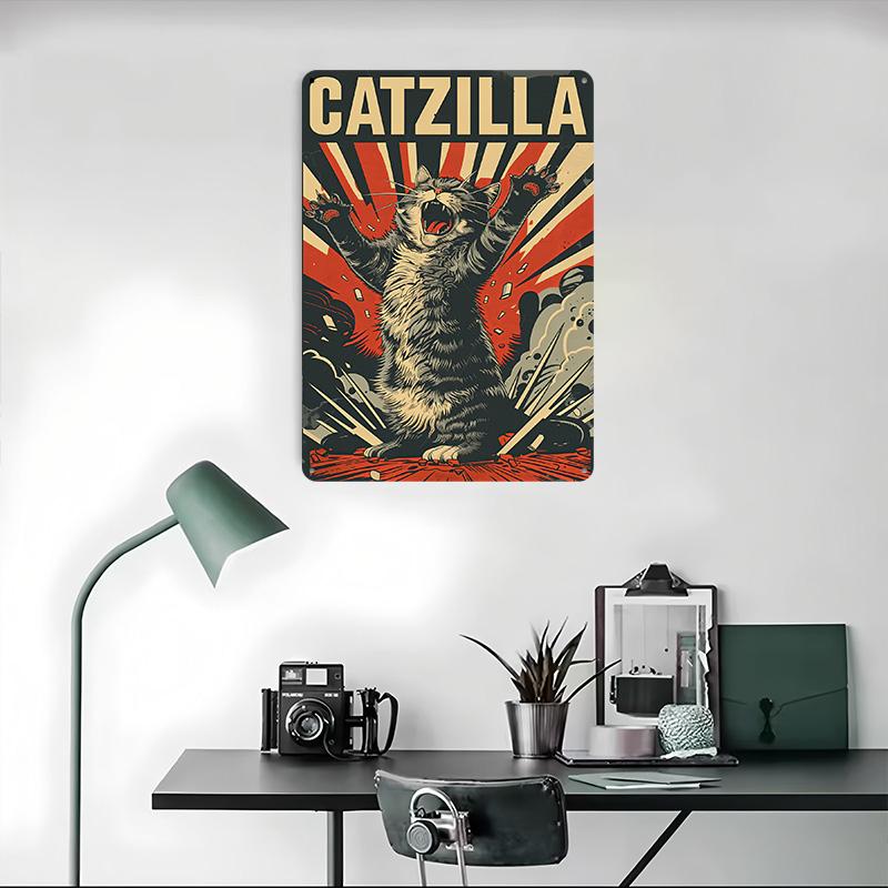 Catzilla Funny Cat Metal Poster Customized Wall Art Retro Vintage Tinplate Signs for Man Cave Gaming Room Decoration Cozy House