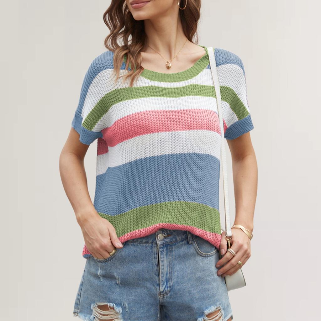QICED Loose Patchwork Striped T-shirt Casual Pullover Women's Short-sleeved Sweater