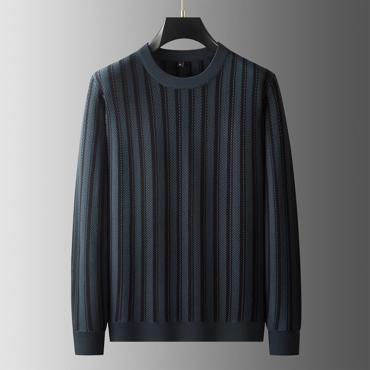 

Men s Plus Size Striped Round Neck Sweater - Autumn/Winter 2025 Fashion Knit with Long Sleeves 2XL темно-синього кольору