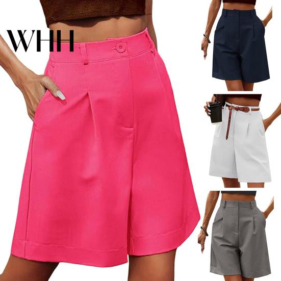 Women Shorts Summer Elastic High Waist Loose Side Pockets Straight Above Knee Length Soft Solid Color Breathable Daily Casual Business Office