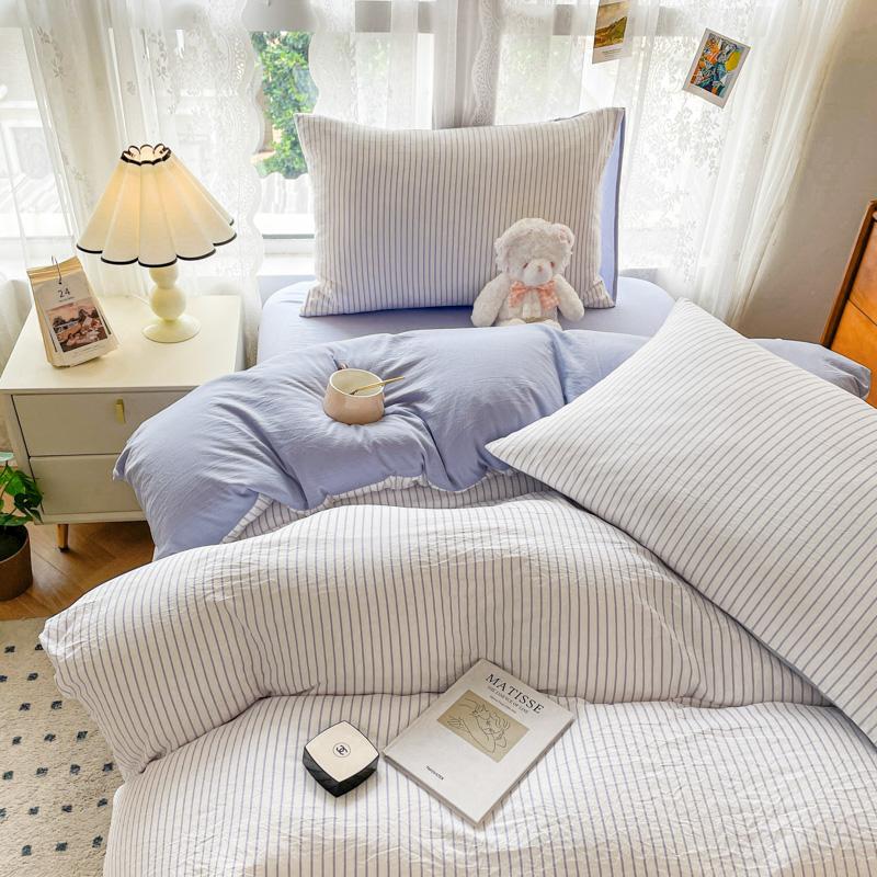 INS Seersucker Stripes Duvet Cover Pillowcases Flat Sheet Girls Bedding Set Washed Cotton Solid Color Bed Linen Single Size